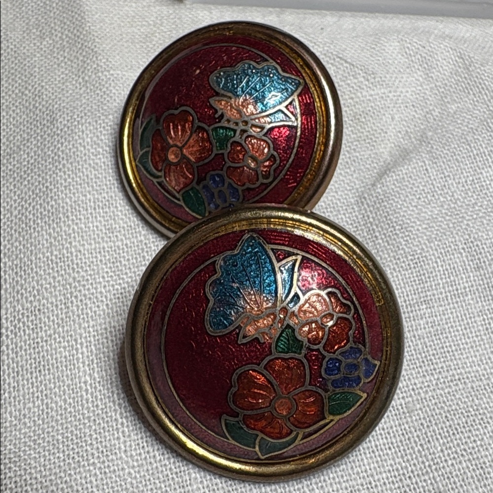 Elegant Vintage Floral Red and Gold Enamel Earrings - Picture 3 of 3